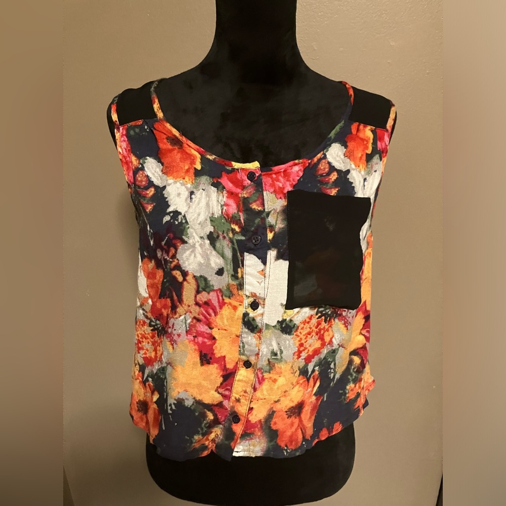 Silence + Noise Multicolored Floral Button Down Front Pocket Back Cut Out Sz S
